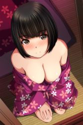 Rule 34 | 1girl, absurdres, black hair, blunt bangs, blush, breasts, brown eyes, cleavage, closed mouth, downblouse, floral print, futon, hands on own knees, highres, japanese clothes, kimono, kneeling, large breasts, looking at viewer, looking up, matsunaga kouyou, no bra, on floor, open clothes, open kimono, original, purple kimono, smile, solo, tatami