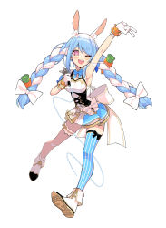 Rule 34 | 1girl, absurdres, animal ears, anniversary, blue hair, blush, bodice, boots, bow, bow skirt, braid, carrot hair ornament, corset, food-themed hair ornament, frilled straps, gloves, hair ornament, highres, holding, holding microphone, hololive, hololive idol uniform, idol clothes, layered skirt, microphone, miniskirt, multicolored hair, pekomon (usada pekora), official alternate costume, one eye closed, pink eyes, rabbit ears, rabbit girl, simple background, single thighhigh, skirt, skirt set, sleeveless, solo, sunglasses, thigh strap, thighhighs, twin braids, unexistarts, usada pekora, v, virtual youtuber, white background, white bow, white footwear, white gloves, white hair, white skirt, wrist cuffs