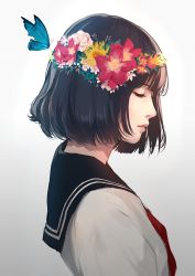 Rule 34 | 1girl, black hair, black sailor collar, blue butterfly, bug, butterfly, caidychen, closed eyes, closed mouth, commentary request, from side, highres, insect, lips, neckerchief, nose, original, profile, red neckerchief, sailor collar, school uniform, serafuku, short hair, simple background, solo, upper body, white background