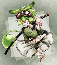 Rule 34 | 1girl, alternate costume, bandaid, bandaid on face, bandaid on nose, barefoot, black shirt, blush, bracelet, commentary request, full body, gauze on cheek, goggles, goggles on head, green hair, green shirt, grey background, grey overalls, grin, highres, holding, holding sword, holding weapon, indian style, jewelry, katana, layered shirt, looking at viewer, low ponytail, messy hair, natsu tuna, overalls, sheath, sheathed, shirt, shoulder strap, sitting, sleeves past elbows, smile, solo, sword, v-shaped eyebrows, voicevox, weapon, weapon on back, yellow eyes, zundamon