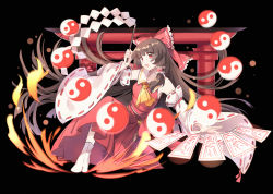 Rule 34 | 1girl, ascot, bell, black background, bow, brown hair, detached sleeves, fire, frilled bow, frills, glowing, gohei, hair bow, hair tubes, hakurei reimu, hand up, light particles, long hair, long skirt, looking up, open hand, open mouth, red eyes, red skirt, ribbon-trimmed sleeves, ribbon trim, rope, round teeth, shadow, shimenawa, siam (meow13), sideways glance, simple background, sketch, skirt, sleeveless, solo, stance, tabi, talismans, teeth, torii, touhou, very long hair, yin yang