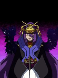 Rule 34 | 1girl, arc system works, artist request, blazblue, crown, dark, hades izanami, hair ornament, japanese clothes, long hair, looking at viewer, mikado (blazblue), open mouth, purple hair, red eyes, smile, very long hair