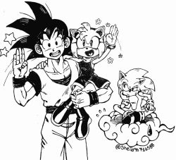 Rule 34 | 1girl, 2boys, amy rose, arm up, boots, bracelet, commentary, crossover, dragon ball, dress, english commentary, flower, flying nimbus, furry, furry female, furry male, gloves, greyscale, hand up, jealous, jewelry, looking at viewer, monochrome, multiple boys, open mouth, sheila96716588, shoes, smile, son goku, sonic (series), sonic the hedgehog, spiked hair, star (symbol), sweatdrop, twitter username, waving