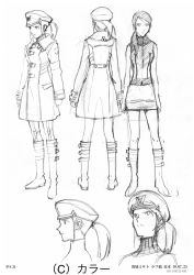 Rule 34 | 1girl, boots, breasts, character sheet, concept art, evangelion: 3.0+1.0 thrice upon a time, full body, hat, highres, katsuragi misato, long hair, looking to the side, medium breasts, military, military uniform, monochrome, multiple views, neon genesis evangelion, ponytail, rebuild of evangelion, skirt, translation request, uniform