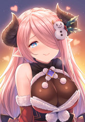 Rule 34 | 1girl, bare shoulders, black bow, blue eyes, blush, bow, braid, breasts, closed mouth, detached sleeves, draph, fur trim, granblue fantasy, hair bow, hair ornament, hair over one eye, hairclip, heart, heart-shaped pupils, highres, horns, large breasts, lips, long hair, looking at viewer, mistletoe, narmaya (granblue fantasy), narmaya (holiday) (granblue fantasy), obi, pointy ears, pom pom (clothes), sash, smile, snowman hair ornament, solo, symbol-shaped pupils, tomo (tmtm mf mf), upper body