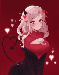Rule 34 | 1girl, artist name, black skirt, blush, breasts, cleavage, cleavage cutout, closed mouth, clothing cutout, commentary, demon girl, demon horns, demon tail, grey hair, heart, heart tail, helltaker, highres, horns, large breasts, leaning forward, long hair, long sleeves, looking at viewer, mashiiri, medium breasts, meme attire, modeus (helltaker), off shoulder, open-chest sweater, pink hair, red background, red eyes, red sweater, red theme, ribbed sweater, simple background, skirt, solo, sweater, tail, turtleneck, upper body, white hair