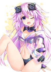 Rule 34 | 1girl, ;d, adult neptune, arm support, bare shoulders, bikini, binato lulu, black bikini, blush, breasts, cleavage, commentary, cowboy shot, fingerless gloves, gloves, hair between eyes, hair ornament, highres, jacket, large breasts, leg up, long hair, looking at viewer, midriff, navel, neptune (series), off shoulder, one eye closed, open mouth, pink hair, purple eyes, purple hair, see-through, see-through jacket, sidelocks, signature, sitting, smile, solo, swimsuit, swimsuit cover-up, white background