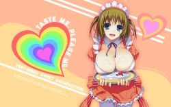 Rule 34 | 1girl, :d, blue eyes, blush, bow, breast rest, breasts, breasts on tray, brown hair, carried breast rest, carrying, cleavage, cream, english text, food, frills, fruit, heart, highres, huge breasts, maid, maid headdress, no bra, open mouth, original, pantyhose, rainbow, ribbon, short hair, short twintails, smile, solo, strawberry, tomose shunsaku, tray, twintails, wallpaper