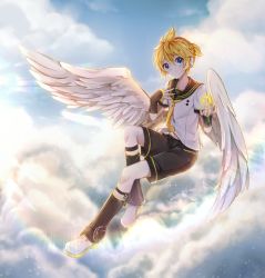 Rule 34 | 1boy, absurdres, angel wings, bass clef, blonde hair, blue eyes, cloud, detached sleeves, feathered wings, feathers, flying, full body, headset, highres, kagamine len, leg warmers, looking at viewer, male focus, necktie, sailor collar, shorts, smile, solo, vocaloid, white wings, wings, yukkurin