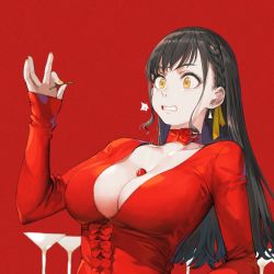 Rule 34 | 1girl, black hair, braid, breasts, cherry, choker, cleavage, cocktail glass, commentary request, cup, dress, drinking glass, earrings, failure, falling, flower choker, food, fruit, highres, jewelry, jun (navigavi), large breasts, long hair, long sleeves, nail polish, original, red background, red choker, red dress, sidelocks, solo, surprised, teeth, upper body