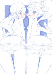 Rule 34 | 2girls, ass, back, bent over, blue theme, blush, breasts, commentary, denim, denim shorts, from behind, glasses, hair ribbon, hanasaki tsubomi, heartcatch precure!, highres, in-franchise crossover, leaning forward, long hair, looking at viewer, looking back, low twintails, lowleg, lowleg shorts, micro shorts, miyagoe yoshitsuki, monochrome, multiple girls, natsuumi manatsu, nipples, open mouth, outside border, panties, precure, ribbon, rimless eyewear, round eyewear, in-franchise crossover, shorts, side-by-side, side ponytail, small breasts, smile, standing, topless, tropical-rouge! precure, twintails, underwear, v