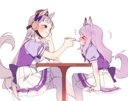 Rule 34 | &gt; &lt;, 2girls, animal ears, blush, brown headwear, cake, cake slice, closed mouth, elbow rest, embarrassed, feeding, feet out of frame, flying sweatdrops, food, full-face blush, ggubii0225, gold ship (umamusume), grey hair, hat, holding, holding spoon, horse ears, horse girl, horse tail, invisible chair, long hair, looking at another, mejiro mcqueen (umamusume), motion lines, multiple girls, plate, purple hair, purple shirt, red eyes, school uniform, shirt, short sleeves, simple background, sitting, skirt, smile, spoon, table, tail, thighhighs, tracen school uniform, twitter username, umamusume, white background, white skirt, white thighhighs