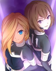 Rule 34 | &gt;:), &gt;:d, 2girls, :d, back-to-back, belt, black shirt, blonde hair, blue eyes, blue pants, brown hair, closed mouth, einamu, highres, inazuma eleven go chrono stone, long hair, long sleeves, looking at viewer, looking back, microphone, multiple girls, no pupils, open mouth, pants, purple background, purple eyes, reiza, sekina, shirt, short hair, smile, standing, uniform, v-shaped eyebrows