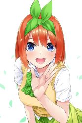 Rule 34 | 1girl, :d, absurdres, blue eyes, blush, bow, breasts, commentary request, go-toubun no hanayome, green bow, green neckwear, green ribbon, green skirt, highres, large breasts, leaning forward, looking at viewer, nakano yotsuba, open mouth, orange hair, ribbon, school uniform, shirt, short hair, skirt, smile, solo, sweater, white shirt, yumemo
