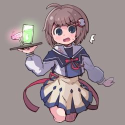 Rule 34 | 1girl, ahoge, blue eyes, blush, brown hair, carse (merc storia), cocktail glass, cup, dress, drinking glass, es (eisis), grey background, hair ornament, hairclip, highres, holding, holding tray, long sleeves, merc storia, open mouth, sailor collar, short hair, simple background, solo, sweat, tray, white sailor collar