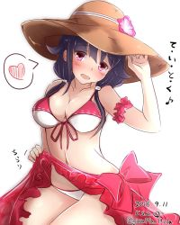 Rule 34 | 1girl, bikini, blush, breasts, clothes lift, dated, flower, giraffe (ilconte), hair ornament, hat, hat flower, heart, highres, kantai collection, large breasts, lifting own clothes, long hair, looking at viewer, official alternate costume, open mouth, purple hair, red eyes, sarong, sarong lift, simple background, solo, spoken heart, straw hat, swimsuit, taigei (kancolle), twintails, twitter username, white background