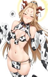 Rule 34 | 1girl, absurdres, alternate costume, animal ears, animal print, bell, blonde hair, blush, breasts, brown horns, chaomae nueatong, closed mouth, cow ears, cow print, detached sleeves, fake animal ears, halo, highres, horns, indie virtual youtuber, jingle bell, long hair, looking at viewer, multiple horns, navel, neck bell, ponytail, simple background, sleeves past fingers, sleeves past wrists, small breasts, solo, thighhighs, thighs, virtual youtuber, white background, white thighhighs, yakimi 27, yellow eyes