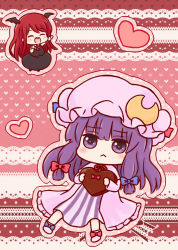 Rule 34 | 2girls, :&lt;, :d, ^ ^, arm up, bad id, bad pixiv id, bat wings, batta (ijigen debris), blush, border, capelet, chibi, closed eyes, crescent, dress, full body, hair ribbon, happy, hat, head wings, heart, heart background, holding, koakuma, lace background, long hair, long sleeves, looking at viewer, low-tied long hair, mob cap, multiple girls, necktie, no nose, open mouth, outline, patchouli knowledge, pink background, purple dress, purple eyes, purple hair, red background, red hair, ribbon, shirt, sidelocks, skirt, skirt set, smile, striped background, striped clothes, striped dress, touhou, tress ribbon, valentine, vertical stripes, vest, white shirt, wings