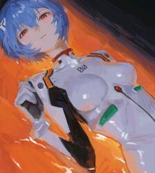 1girl ayanami_rei blue_hair bodysuit breasts closed_mouth expressionless hair_between_eyes highres interface_headset looking_at_viewer lying mecha_pilot_suit medium_breasts mreek neon_genesis_evangelion on_back plugsuit red_eyes short_hair solo upper_body white_bodysuit