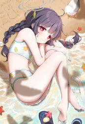 Rule 34 | 1girl, animal, ass, bare arms, bare legs, bare shoulders, barefoot, beach, bikini, bird, black footwear, black hair, blue archive, braid, closed mouth, commentary request, coral, crocs, hair ribbon, halo, highres, leaf, leaf on head, leaf print, long hair, low twintails, lying, masshirokachi, miyu (blue archive), miyu (swimsuit) (blue archive), on ground, on side, print bikini, red eyes, ribbon, sand, seagull, shallow water, soles, solo, starfish, swimsuit, twin braids, twintails, twitter username, water, wavy mouth, white bikini, white ribbon