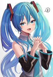 Rule 34 | 1girl, :d, bare shoulders, bib (bibboss39), blue eyes, blue hair, blue nails, collared shirt, detached sleeves, hair ornament, hatsune miku, highres, interlocked fingers, long hair, long sleeves, looking at viewer, musical note, nail polish, necktie, open mouth, own hands together, shirt, sleeveless, sleeveless shirt, smile, solo, spoken musical note, twintails, upper body, very long hair, vocaloid, white shirt