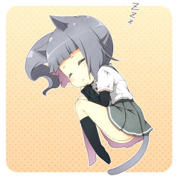 Rule 34 | 10s, 1girl, animal ears, arm warmers, cat ears, cat tail, chibi, closed eyes, grey hair, kantai collection, kasumi (kancolle), kemonomimi mode, kouji (campus life), lowres, solo, tail, zzz
