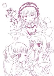 Rule 34 | 00s, 3girls, :d, cup, food, fruit, heterochromia, monochrome, multiple girls, o o, one eye closed, open mouth, purple theme, rozen maiden, shinku, smile, straightchromia, strawberry, suigintou, suiseiseki, teacup, watering can