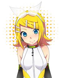 Rule 34 | 1girl, bad id, bad pixiv id, bare shoulders, blonde hair, blue eyes, blush, bow, clothes writing, collar, detached sleeves, hair bow, hair ornament, hairband, hairclip, halftone, halftone background, headphones, kagamine rin, kagamine rin (append), looking at viewer, musical note, potato (potato1827), see-through, short hair, smile, solo, swept bangs, treble clef, upper body, vocaloid, vocaloid append