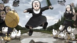 Rule 34 | 5girls, belt bag, bird, black footwear, chicken, clumsy nun (diva), diva (hyxpk), duck, duckling, fleeing, flying, froggy nun (diva), green legwear, green umbrella, highres, holding, holding umbrella, jumping, little nuns (diva), loafers, mole, mole on cheek, multiple girls, nun, object on head, ostrich, outdoors, pigeon, puddle, road, sheep nun (diva), shoes, short socks, sky, spicy nun (diva), strict nun (diva), surprised, traditional nun, umbrella, yellow umbrella