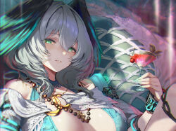 Rule 34 | 1girl, aqua eyes, aqua nails, aqua wings, arknights, bead necklace, beads, breasts, cherry, cocktail glass, cup, drinking glass, food, fruit, green one-piece swimsuit, grey hair, hair between eyes, head wings, highres, ho&#039;olheyak (arknights), holding, holding cup, jewelry, large breasts, looking at viewer, necklace, one-piece swimsuit, solo, swimsuit, takechi akinobu, two-tone wings, upper body, wings