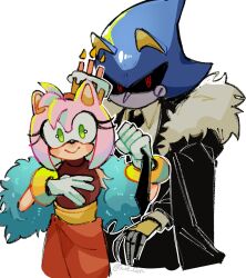 1boy 1girl amy_rose animal_ears animal_nose black_coat black_necktie black_sclera blue_feathers claws coat colored_sclera dress feather_boa feathers fur_trim furry furry_female furry_male gloves green_eyes hairband hedgehog_girl highres holding_necktie humanoid_robot looking_at_viewer metal_sonic necktie pink_fur pink_hair red_dress red_eyes red_hairband robot shirt simple_background smile sonic_(series) standing the_murder_of_sonic_the_hedgehog upper_body white_background white_gloves white_shirt xue_gin