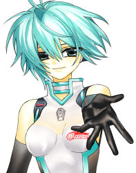 2000s_(style) alternate_hairstyle blue_eyes blue_hair elbow_gloves gloves hatsune_miku highres hynn0x_x reaching reaching_towards_viewer see-through_clothes short_hair smile vocaloid