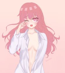 Rule 34 | 1girl, bad id, bad twitter id, blush, breasts, collared shirt, hair between eyes, highres, long hair, looking at viewer, louise francoise le blanc de la valliere, md5 mismatch, no bra, open clothes, open mouth, pink eyes, pink hair, shirt, sleepy, small breasts, sute1shya, tsundere, wavy hair, wavy mouth, white shirt, zero no tsukaima