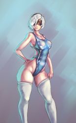 Rule 34 | 1girl, android, bikini, black hairband, blindfold, blue bikini, breasts, competition swimsuit, covered erect nipples, cutesexyrobutts, hairband, hand on own hip, highleg, highleg swimsuit, highres, medium breasts, mole, mole under mouth, nier (series), nier:automata, one-piece swimsuit, short hair, silver hair, skindentation, solo, swimsuit, thick thighs, thighhighs, thighs, thong bikini, wet, wet clothes, white thighhighs, 2b (nier:automata)