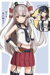 Rule 34 | 10s, 2girls, agano (kancolle), agano (kancolle) (cosplay), amatsukaze (kancolle), anchor symbol, bare shoulders, black hair, blue eyes, blush, breast conscious, brown eyes, choker, clenched hand, cosplay, crop top, emphasis lines, garter straps, gloves, hand on belt, headgear, highres, kantai collection, long hair, midriff, multiple girls, neckerchief, pleated skirt, red skirt, sailor collar, school uniform, serafuku, shirt, silver hair, skirt, sleeveless, sleeveless shirt, sweat, thighhighs, two side up, v, v over eye, wavy mouth, white gloves, yakob labo