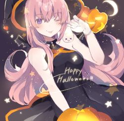 Rule 34 | 1girl, :p, black dress, black headwear, blue eyes, blush, commentary, crescent moon, dress, halloween, hand up, happy halloween, hat, heart, heremia, highres, holding, jack-o&#039;-lantern, looking at viewer, megurine luka, moon, night, night sky, one eye closed, pink hair, pumpkin, sky, sleeveless, sleeveless dress, smile, star (sky), symbol-only commentary, tongue, tongue out, upper body, vocaloid, witch hat, x x