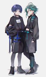 Rule 34 | 2boys, alternate costume, beads, black footwear, black jacket, black pants, black shorts, blue eyes, blue hair, boots, closed mouth, earrings, facial mark, forehead mark, full body, genshin impact, green hair, grey background, highres, jacket, jewelry, long sleeves, looking at viewer, male focus, mochimiya (coyo), multicolored hair, multiple boys, off shoulder, open clothes, open jacket, pants, scaramouche (genshin impact), shadow, shirt, shoes, shorts, simple background, single earring, standing, t-shirt, tassel, tassel earrings, tongue, tongue out, xiao (genshin impact)