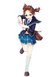 Rule 34 | 1girl, bag, blue jacket, blue necktie, brown hair, closed mouth, girlfriend (kari), glasses, green eyes, hair ornament, hairclip, jacket, looking at viewer, nanjo kumiko, necktie, object in mouth, official art, paper, pen, plaid, plaid skirt, qp:flapper, school uniform, skirt, smile, solo, strap, tagme, transparent background, twintails, v-shaped eyebrows, vest, yellow vest
