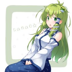 Rule 34 | 1girl, :o, aka tawashi, bare shoulders, blue skirt, blush, border, breasts, character name, commentary request, detached sleeves, frog hair ornament, green border, green eyes, green hair, hair ornament, hair tubes, highres, kochiya sanae, large breasts, long sleeves, looking at viewer, outside border, parted lips, shirt, simple background, sitting, skirt, sleeveless, sleeveless shirt, snake hair ornament, solo, star (symbol), touhou, v arms, white background, white shirt, wide sleeves