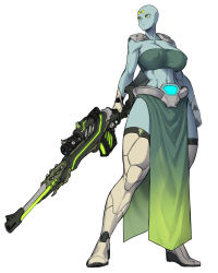Rule 34 | 1girl, bald, bald girl, bandeau, breasts, cleavage, colored skin, commentary request, covered erect nipples, forehead jewel, full body, green eyes, green skin, gun, highres, large breasts, looking to the side, midriff, navel, original, pelvic curtain, rifle, sniper rifle, solo, spacezin, weapon