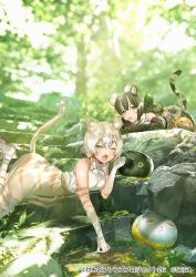 Rule 34 | 2girls, ;o, animal ear fluff, animal ears, artist request, bare shoulders, black hair, blonde hair, blouse, blurry, blurry background, bow, bowtie, cat (kemono friends), cat day, cat ears, cat girl, cat tail, character request, commentary request, dappled sunlight, day, depth of field, elbow gloves, extra ears, fang, gloves, gradient hair, high-waist skirt, kemono friends, kemono friends 3, kemono friends 3: planet tours, looking at viewer, lying, multicolored hair, multiple girls, official art, on stomach, one eye closed, outdoors, rock, shirt, short hair, skirt, sleeveless, sleeveless shirt, stairs, streaked hair, sunlight, tail, thighhighs, tongue, tongue out, watermark, white hair, white shirt, yellow eyes