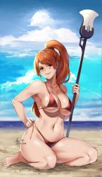 Rule 34 | 1girl, bad id, bad twitter id, beach, bikini, blush, breasts, brown eyes, brown hair, cleavage, collarbone, commission, day, full body, highres, large breasts, long hair, looking at viewer, lulu-chan92, navel, open mouth, original, panties, panty pull, ponytail, sitting, skindentation, sky, smile, solo, swimsuit, underwear, weapon
