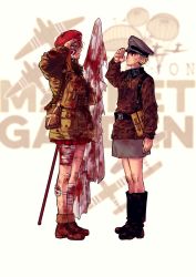 Rule 34 | 2girls, ammunition pouch, bandages, beret, black footwear, blonde hair, blood, blood on face, bloody bandages, boots, british air force, brown footwear, camouflage, camouflage jacket, closed mouth, full body, german army, grey skirt, hat, highres, hiroe rei, holding, jacket, long sleeves, military, military hat, military jacket, military uniform, multiple girls, orange hair, original, pouch, red headwear, red skirt, salute, skirt, standing, uniform, white background, world war ii