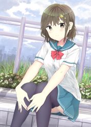 Rule 34 | 1girl, 7 calpis 7, black thighhighs, blue sailor collar, blue skirt, blush, bow, bowtie, breasts, brown eyes, brown hair, closed mouth, cloud, cloudy sky, comma, day, dress shirt, fingernails, flower, hair between eyes, highres, original, outdoors, pink flower, pleated skirt, railing, red bow, red bowtie, red flower, sailor collar, school uniform, serafuku, shirt, short sleeves, sitting, skirt, sky, small breasts, smile, solo, thighhighs, white flower, white shirt