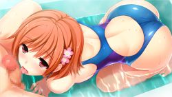 Rule 34 | 1boy, 1girl, all fours, artistic error, ass, back, bathtub, blush, censored, competition swimsuit, fellatio, flower, from above, game cg, hair flower, hair ornament, head out of frame, hetero, hoshi ori yume mirai, koizumi amane, licking, mixed-sex bathing, mosaic censoring, nude, one-piece swimsuit, oral, orange hair, parted lips, partially submerged, penis, red eyes, shared bathing, shinozaki marika, short hair, solo focus, staring, swimsuit, tongue, tongue out, water, wet, wrong foot