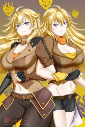 Rule 34 | 2girls, aged down, aged up, ahoge, asymmetrical legwear, belt, black gloves, black shorts, blonde hair, breasts, brown jacket, brown pants, buckle, cleavage, dual persona, ember celica (rwby), fingerless gloves, gloves, highres, jacket, kimmy77, kneehighs, large breasts, long hair, mechanical arms, midriff, multiple girls, orange scarf, over-kneehighs, pants, prosthesis, prosthetic arm, puffy short sleeves, puffy sleeves, purple eyes, rwby, scarf, shell casing, shirt, short sleeves, shorts, single mechanical arm, smile, socks, strapless, thighhighs, tube top, uneven legwear, waist cape, wavy hair, yang xiao long, yellow shirt