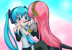 Rule 34 | 2girls, aqua eyes, aqua hair, aqua neckwear, armband, bare shoulders, black legwear, black shirt, black skirt, black sleeves, blue necktie, blush, commentary, detached sleeves, food, grey shirt, hair ornament, hands on another&#039;s cheeks, hands on another&#039;s face, hatsune miku, hatsune negame, headphones, imminent kiss, leaning forward, long hair, looking at viewer, megurine luka, miniskirt, mouth hold, multiple girls, necktie, pink hair, pleated skirt, pocky, pocky kiss, shared food, shirt, short sleeves, sitting, skirt, sleeveless, sleeveless shirt, tears, thighhighs, twintails, v-shaped eyebrows, very long hair, vocaloid, yuri, zettai ryouiki
