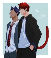 Rule 34 | 2boys, animal ears, aomine daiki, black jacket, blue background, blue hair, blue jacket, border, cat boy, cat ears, cat tail, closed mouth, colorpanther, cowboy shot, hands in pockets, highres, jacket, kagami taiga, kuroko no basuke, male focus, multiple boys, necktie, paw print, paw print background, red hair, red necktie, school uniform, shirt, short hair, tail, translation request, white border, white shirt