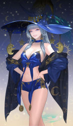 Rule 34 | 1girl, absurdres, bare legs, blue hair, blue nails, breasts, daeho cha, earrings, garter straps, gold earrings, gold necklace, hat, highres, hime cut, incredibly absurdres, jewelry, kneehighs, long hair, medium breasts, nail polish, neck ring, necklace, off shoulder, oni, original, pink lips, purple eyes, sash, sharp teeth, smile, socks, teeth, thighhighs, thighs, witch hat