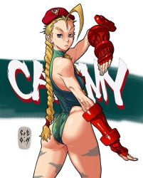 Rule 34 | 1girl, ahoge, ass, beret, blonde hair, blue eyes, braid, cammy white, capcom, cre.o.n, facial scar, fighting stance, fingerless gloves, from side, garrison cap, gloves, green leotard, hat, highleg, highleg leotard, highres, huge ahoge, leg tattoo, leotard, long braid, looking at viewer, muscular, muscular female, red gloves, red hat, scar, scar on cheek, scar on face, solo, street fighter, street fighter ii (series), tattoo, thighs